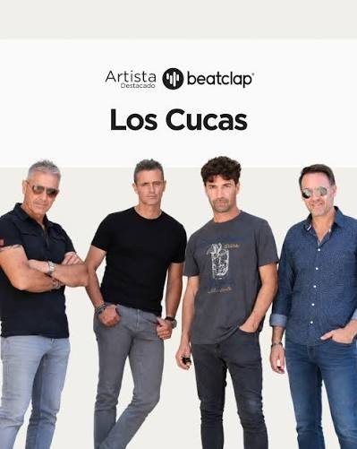 Tarjeta de Beatclap con el texto Artista destacado Los Cucas y la foto del grupo ante un grafiti