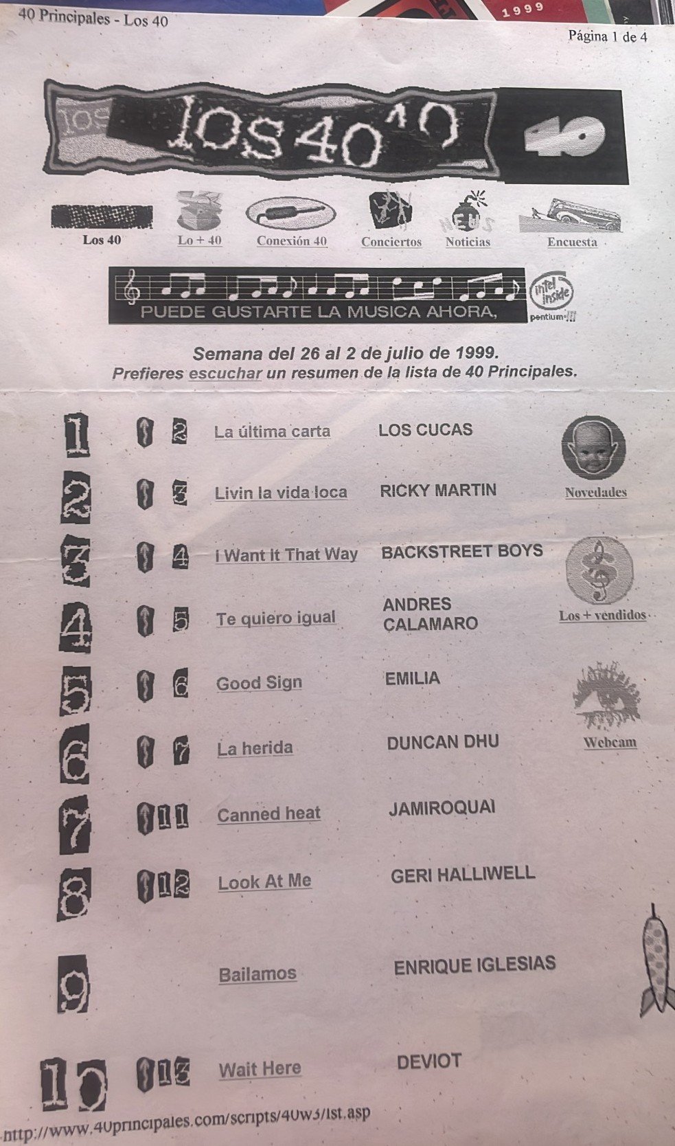 Impresión de la lista de Los 40 Principales de julio de 1999 con La última carta de Los Cucas en el número 1