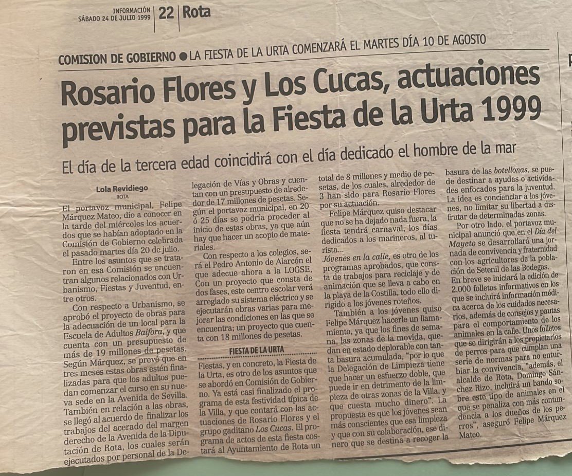 Recorte de prensa del 24 de julio de 1999 sobre la Fiesta de la Urta de Rota con Rosario Flores y Los Cucas