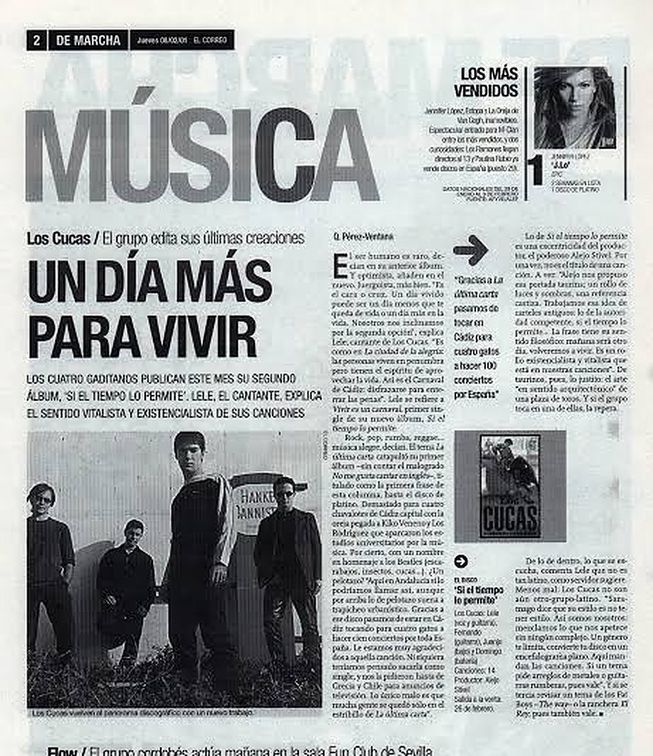 Página de El Correo del 8 de febrero de 2001 con la entrevista Un día más para vivir a Los Cucas