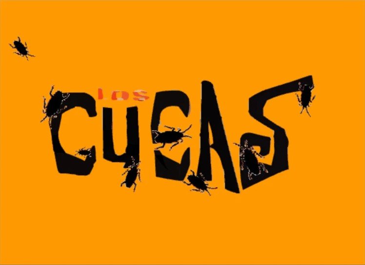 Captura de la web de Los Cucas en febrero de 2004: fondo naranja, el logotipo del grupo y cucarachas negras