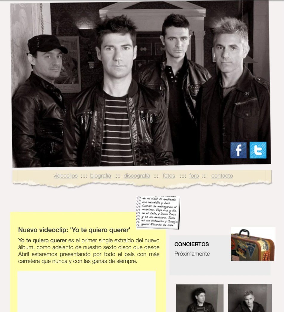 Captura de la web oficial loscucas.es en junio de 2012, con una foto en blanco y negro del grupo y el aviso del videoclip de Yo te quiero querer